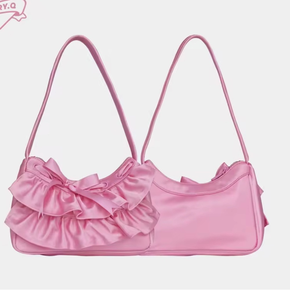 Pink Satin Shoulder Bag with ruffles and a ribbon bow that you have to tie